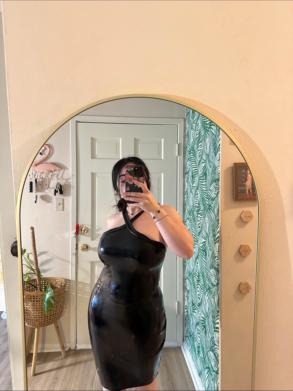Black One-Shoulder Faux Leather Bodycon Dress